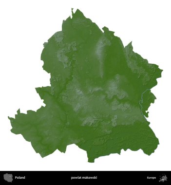 Makowski İlçesi. Polonya 'nın idari bölgesi renkli bir yükseklik haritasında beyaza izole edildi
