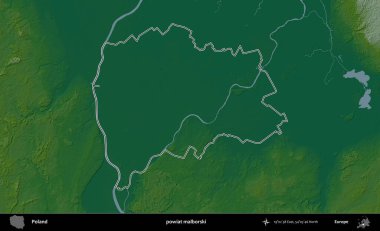 Malborski ilçesi. Polonya 'nın idari bölgesi renkli bir yükseklik haritasında özetlendi