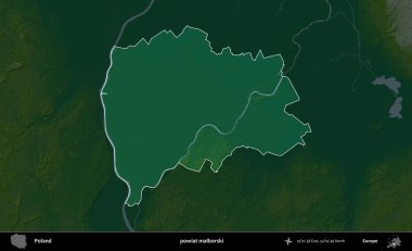 Malborski ilçesi. Polonya 'nın idari bölgesi koyu renkli bir yükseklik haritasına vurgulandı ve özetlendi