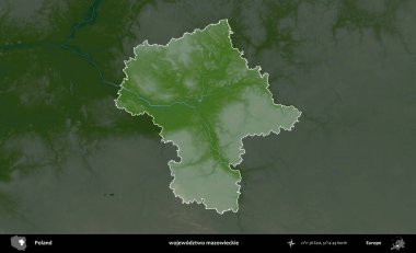 Mazowieckie Eyaleti. Polonya 'nın idari bölgesi koyu renkli bir yükseklik haritasına vurgulandı ve özetlendi