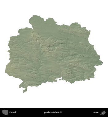 Miechowski İlçesi. Polonya 'nın idari bölgesi renkli bir yükseklik haritasında beyaza izole edildi