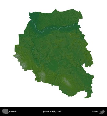 Miedzyrzecki İlçesi. Polonya 'nın idari bölgesi renkli bir yükseklik haritasında beyaza izole edildi