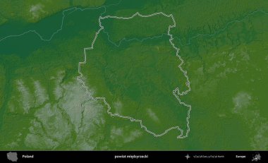 Miedzyrzecki İlçesi. Polonya 'nın idari bölgesi renkli bir yükseklik haritasında özetlendi