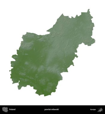 Mlawski İlçesi. Polonya 'nın idari bölgesi renkli bir yükseklik haritasında beyaza izole edildi