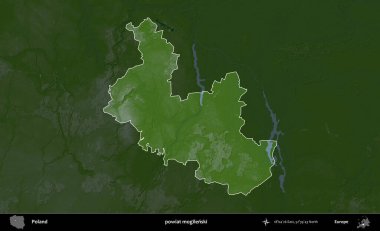 Mogilenski İlçesi. Polonya 'nın idari bölgesi koyu renkli bir yükseklik haritasına vurgulandı ve özetlendi