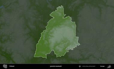 Moniecki İlçesi. Polonya 'nın idari bölgesi koyu renkli bir yükseklik haritasına vurgulandı ve özetlendi