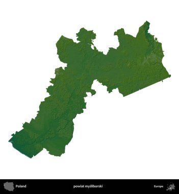 Mysliborski İlçesi. Polonya 'nın idari bölgesi renkli bir yükseklik haritasında beyaza izole edildi