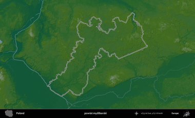 Mysliborski İlçesi. Polonya 'nın idari bölgesi renkli bir yükseklik haritasında özetlendi
