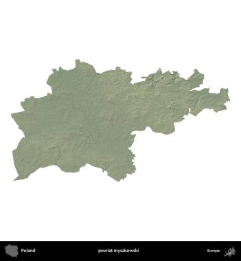 Myszkowski İlçesi. Polonya 'nın idari bölgesi renkli bir yükseklik haritasında beyaza izole edildi