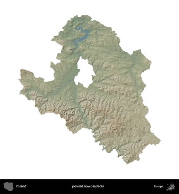 Nowosadecki ilçesi. Polonya 'nın idari bölgesi renkli bir yükseklik haritasında beyaza izole edildi