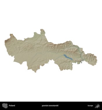 Nowotarski ilçesi. Polonya 'nın idari bölgesi renkli bir yükseklik haritasında beyaza izole edildi