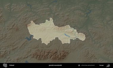 Nowotarski ilçesi. Polonya 'nın idari bölgesi koyu renkli bir yükseklik haritasına vurgulandı ve özetlendi