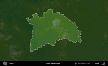 Nowotomyski ilçesi. Polonya 'nın idari bölgesi koyu renkli bir yükseklik haritasına vurgulandı ve özetlendi