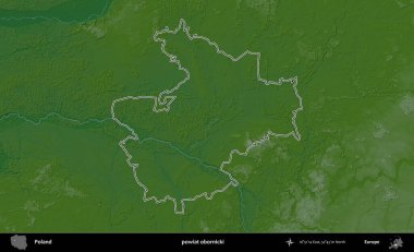 Obornicki İlçesi. Polonya 'nın idari bölgesi renkli bir yükseklik haritasında özetlendi
