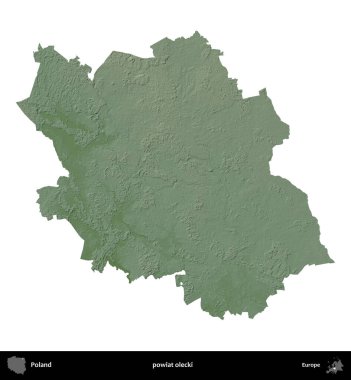 Olecki ilçesi. Polonya 'nın idari bölgesi renkli bir yükseklik haritasında beyaza izole edildi