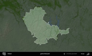 Olsztynek Komünü. Polonya 'nın idari bölgesi koyu renkli bir yükseklik haritasına vurgulandı ve özetlendi