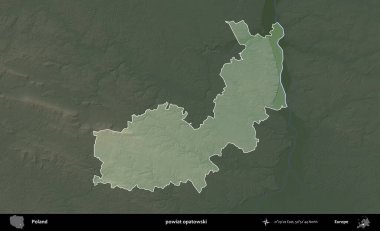 Opatowski ilçesi. Polonya 'nın idari bölgesi koyu renkli bir yükseklik haritasına vurgulandı ve özetlendi