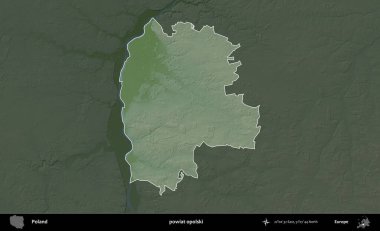 Opolski İlçesi. Polonya 'nın idari bölgesi koyu renkli bir yükseklik haritasına vurgulandı ve özetlendi
