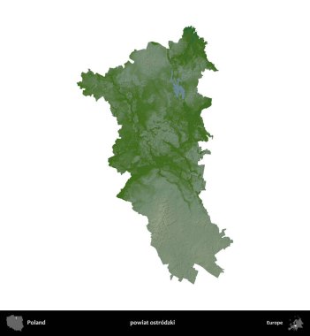 Ostrodzki İlçesi. Polonya 'nın idari bölgesi renkli bir yükseklik haritasında beyaza izole edildi