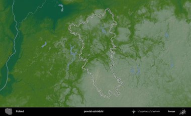 Ostrodzki İlçesi. Polonya 'nın idari bölgesi renkli bir yükseklik haritasında özetlendi