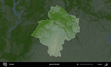 Ostroda Komünü. Polonya 'nın idari bölgesi koyu renkli bir yükseklik haritasına vurgulandı ve özetlendi