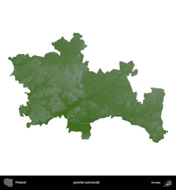 Ostrowski İlçesi. Polonya 'nın idari bölgesi renkli bir yükseklik haritasında beyaza izole edildi