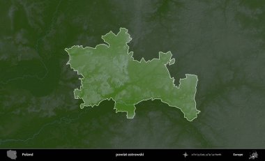 Ostrowski İlçesi. Polonya 'nın idari bölgesi koyu renkli bir yükseklik haritasına vurgulandı ve özetlendi