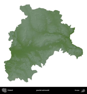 Ostrowski İlçesi. Polonya 'nın idari bölgesi renkli bir yükseklik haritasında beyaza izole edildi