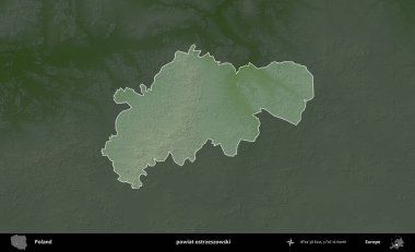 Ostrzeszowski İlçesi. Polonya 'nın idari bölgesi koyu renkli bir yükseklik haritasına vurgulandı ve özetlendi
