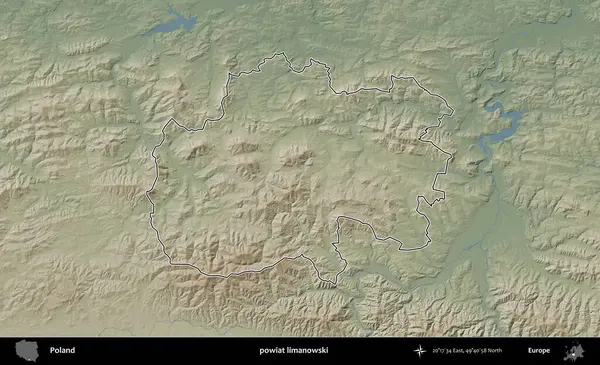 Limanowski ilçesi. Polonya 'nın idari bölgesi renkli bir yükseklik haritasında özetlendi