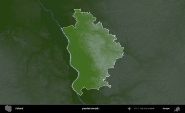 Otwocki İlçesi. Polonya 'nın idari bölgesi koyu renkli bir yükseklik haritasına vurgulandı ve özetlendi