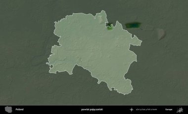 Pajeczanski İlçesi. Polonya 'nın idari bölgesi koyu renkli bir yükseklik haritasına vurgulandı ve özetlendi