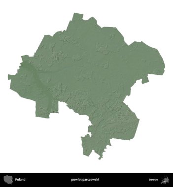 Parczewski İlçesi. Polonya 'nın idari bölgesi renkli bir yükseklik haritasında beyaza izole edildi