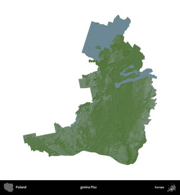 Pisz Commune 'de. Polonya 'nın idari bölgesi renkli bir yükseklik haritasında beyaza izole edildi