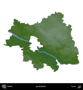 Plocki İlçesi. Polonya 'nın idari bölgesi renkli bir yükseklik haritasında beyaza izole edildi