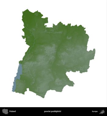 Poddebicki İlçesi. Polonya 'nın idari bölgesi renkli bir yükseklik haritasında beyaza izole edildi