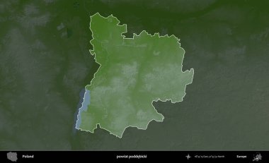 Poddebicki İlçesi. Polonya 'nın idari bölgesi koyu renkli bir yükseklik haritasına vurgulandı ve özetlendi