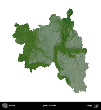 Polanow Komünü. Polonya 'nın idari bölgesi renkli bir yükseklik haritasında beyaza izole edildi