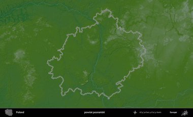 Poznanski İlçesi. Polonya 'nın idari bölgesi renkli bir yükseklik haritasında özetlendi