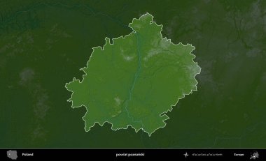 Poznanski İlçesi. Polonya 'nın idari bölgesi koyu renkli bir yükseklik haritasına vurgulandı ve özetlendi