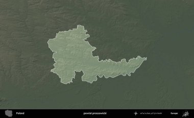 Proszowicki İlçesi. Polonya 'nın idari bölgesi koyu renkli bir yükseklik haritasına vurgulandı ve özetlendi
