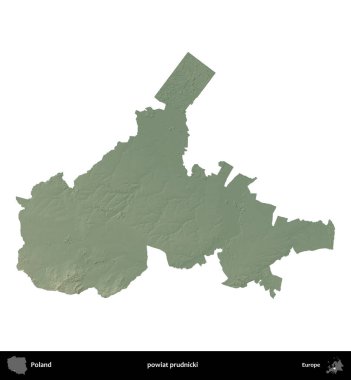 Prudnicki İlçesi. Polonya 'nın idari bölgesi renkli bir yükseklik haritasında beyaza izole edildi