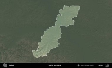 Przeworski İlçesi. Polonya 'nın idari bölgesi koyu renkli bir yükseklik haritasına vurgulandı ve özetlendi