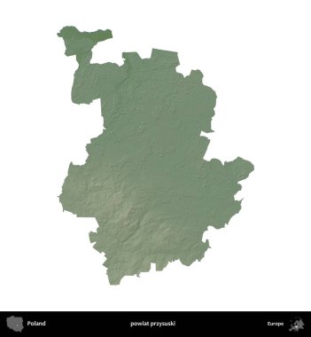 Przysuski ilçesi. Polonya 'nın idari bölgesi renkli bir yükseklik haritasında beyaza izole edildi