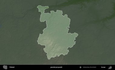 Przysuski ilçesi. Polonya 'nın idari bölgesi koyu renkli bir yükseklik haritasına vurgulandı ve özetlendi