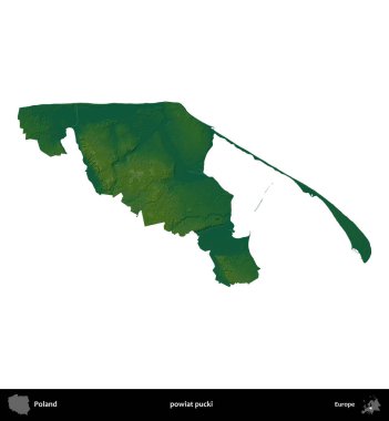 Pucki ilçesi. Polonya 'nın idari bölgesi renkli bir yükseklik haritasında beyaza izole edildi