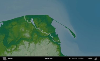 Pucki ilçesi. Polonya 'nın idari bölgesi renkli bir yükseklik haritasında özetlendi