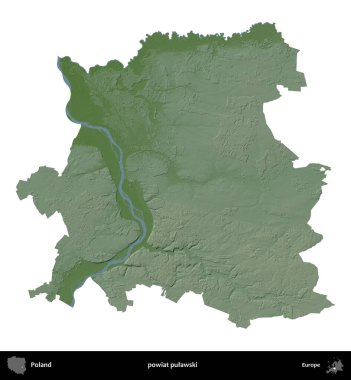 Pulawski İlçesi. Polonya 'nın idari bölgesi renkli bir yükseklik haritasında beyaza izole edildi