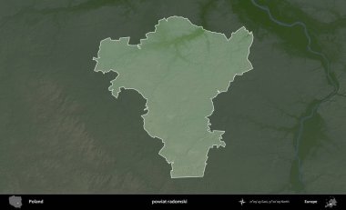 Radomski İlçesi. Polonya 'nın idari bölgesi koyu renkli bir yükseklik haritasına vurgulandı ve özetlendi