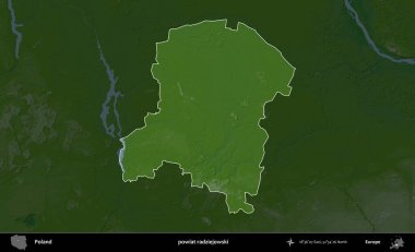 Radziejowski İlçesi. Polonya 'nın idari bölgesi koyu renkli bir yükseklik haritasına vurgulandı ve özetlendi